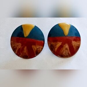 British designed European 1980s enameled red, blue and gold color pierced earrin